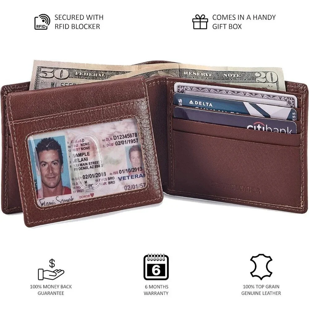 Men's Unique Metal Real Slim Dark Tan Genuine Vintage Leather Stylish Wallet